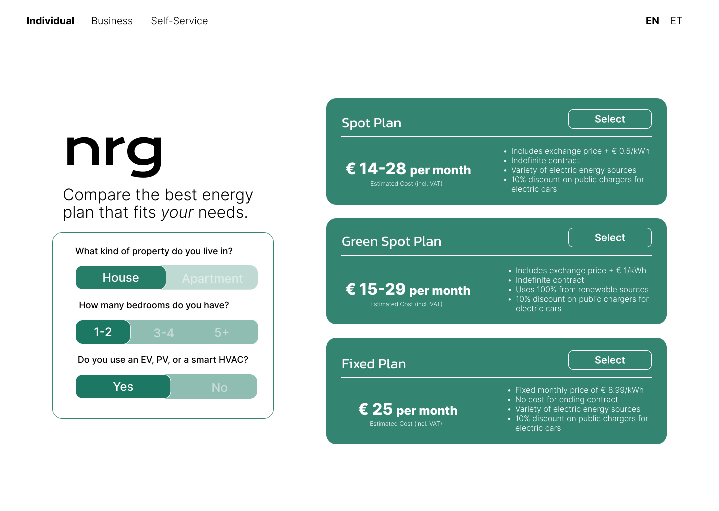 Plan comparison page